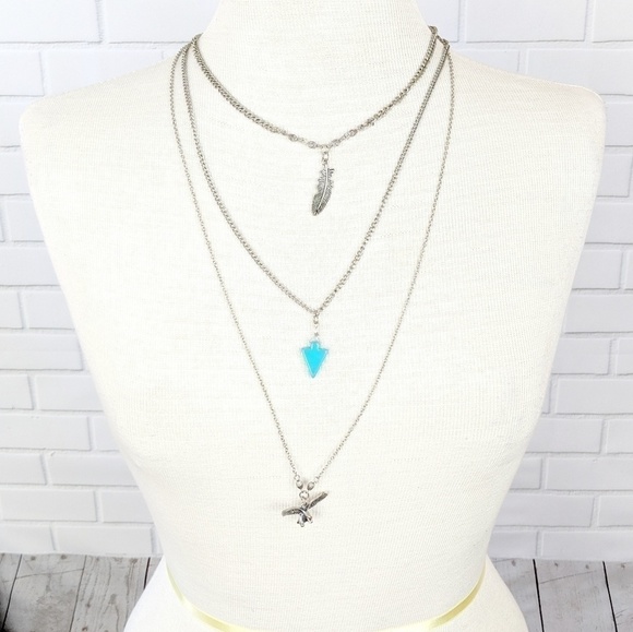 Necklace long layered Boho Pendants Feather, turquoise Arrowhead & Eagle Silver - Picture 1 of 6
